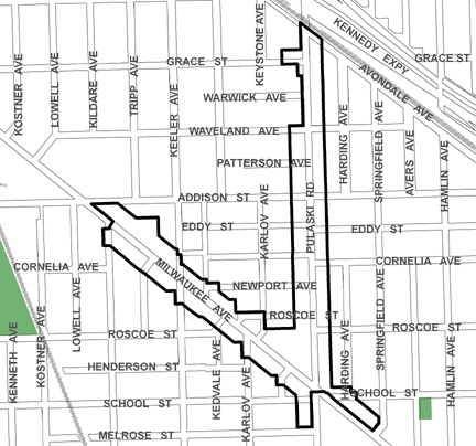 Avondale TIF district, roughly bounded on the north by Grace Street, Melrose Street on the south, Springfield Avenue on the east, and Kildare Avenue on the west.